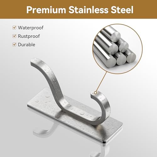 Adhesive Wall Hooks for Towel/Coat,13Lb Stick-On Hook,Brushed Silver 4 Pack - Image 6