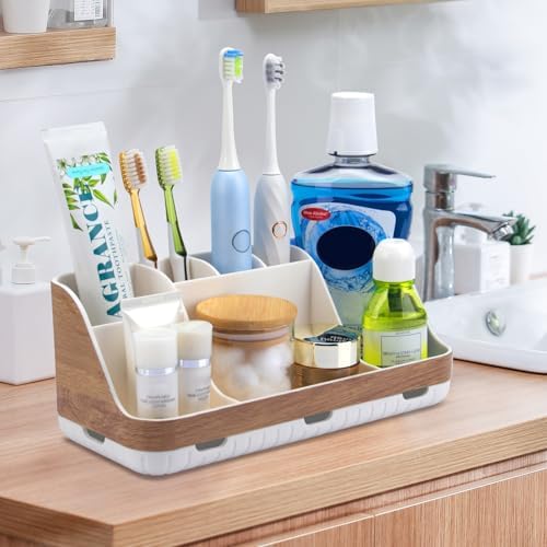 GFWARE Bathroom Countertop Organizer - Detachable 7 Slots Kids Electric Toothbrush and Toothpaste Holde Drainage for Bathroom Accessories Organization Counter Vanity Storage, Woodgrain - Image 6