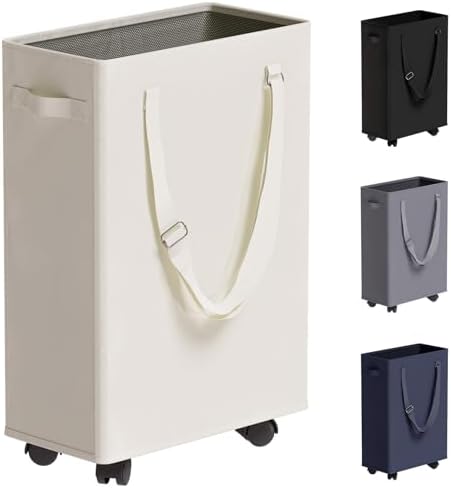 45L Slim Rolling Laundry Basket with Wheel & Adjustable Long Handles, Beige by TECHMILLY