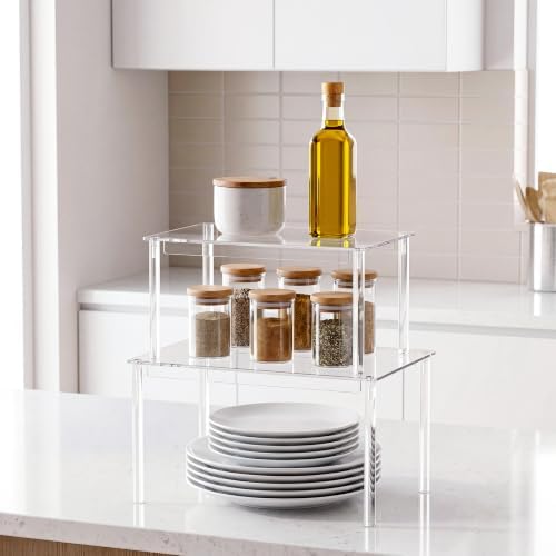 Delamu Cabinet Shelves, Clear Stackable Acrylic Storage Risers with Heavy Duty Support, Cabinet Organizer Shelf for Spices, Seasonings, Jars, Pantry, Kitchen Counter, Easy Assembly by DELAMU
