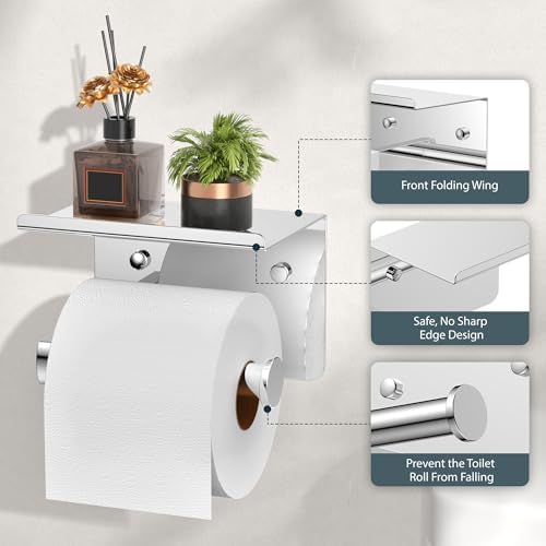 FORIOUS Toilet Paper Holder with Shelf, Adhesive or Screw, Commercial - Image 3