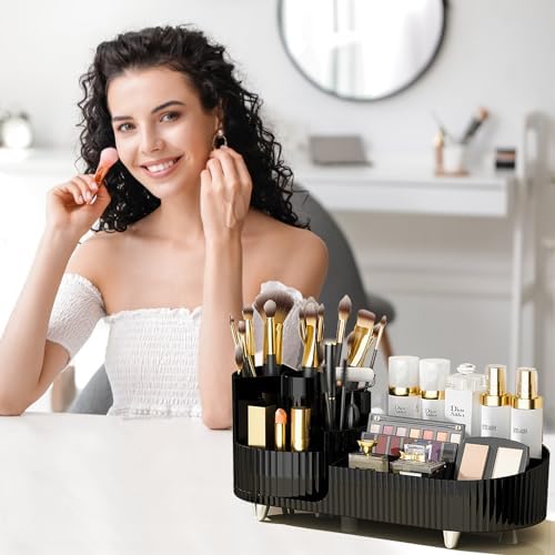 Rotating Makeup Organizer for Vanity with Brush Holder, Cosmetic Makeup Storage Organizer, Large Spinning Makeup Skincare Organizer, Countertop Makeup Perfume Organizer, Lotions Display Case (Black) - Image 3