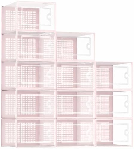 Kuject Shoe Organizers Storage Boxes for Closet, 12 Pack Clear Plastic Stackable Storage Bins with Lids, Under Bed Shoe Containers for Entryway, Drop Front, Fit up to Women's Size 10,Pink by Kuject