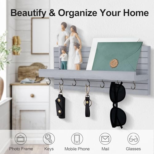 Lwenki Decorative Key Holder for Wall with Shelf, Entryway Shelf with Hooks Holds Leashes, Jackets and Glasses – Sturdy Wood Keyholder Entrance Hanger with Mounting Hardware (Gray, Large) - Image 3