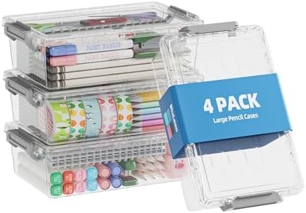 BiuLeon 4 Pack Extra Large Pencil Box, Plastic Pencil Case Organizer, Clear Crayon Box Marker Organizer, Stackable Craft Organizers and Storage for Pen, Craft, Art Supply(Grey) by Unknown