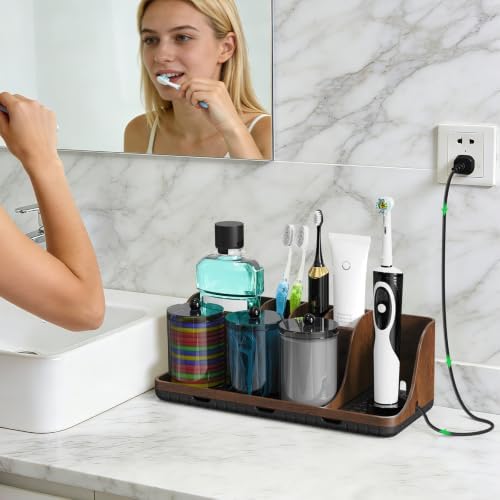 Bathrooms Toothbrush Holder Set with 3 PCS Qtip Holder (Brown Wood Grain) - Image 2