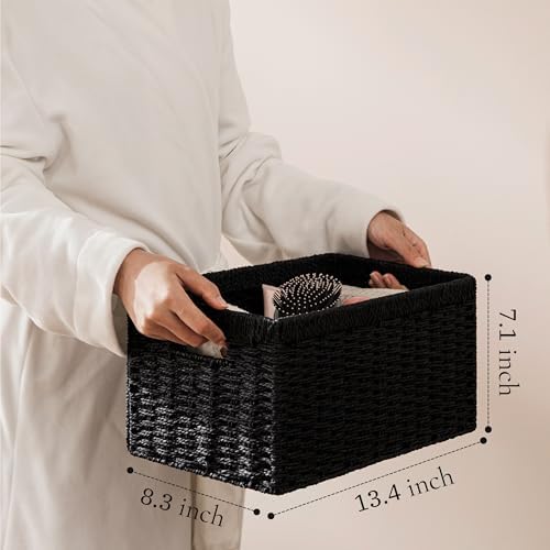 UBBCARE 3 Pack Wicker Basket, 13.4L×8.3H×7.1W inch Woven Paper Rope Storage Baskets for Shelves, Foldable Rectangular Storage Baskets with Handle, Storage Basket for Organizing, Black - Image 3