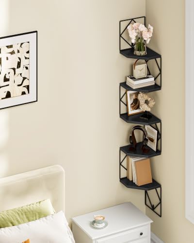CHOEZON 5-Tier Corner Shelf, Floating Shelf, Wall-Mounted Storage Shelf, Wall Decor, Narrow Corner Bookshelf, for Living Room, Bedroom, Home Office, and Bathroom, Black TCJ35BB - Image 6