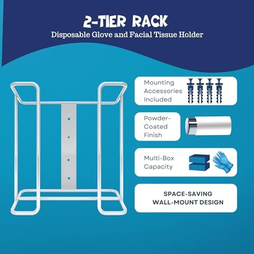 Glove Box Holder Wall Mount Dispenser for 2 Boxes, Powder Coated Metal Rack for Disposable Gloves and Tissue, Organizer for Kitchen, Lab, Garage, Hardware Included, White - Safety Supply Mart - Image 2