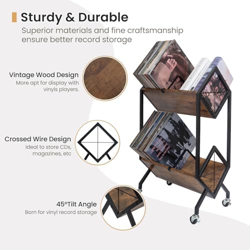 SwaaVee Vinyl Record Storage Holder with Wheels, 2-Tier Record Holder 160-200 LP with Dividers, Retro Style Quick Assembly Vinyl Record Display for Albums, Magazine, Book, Files(2 Tier- Rustic Brown) - Image 5