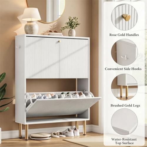 Nicetree Shoe Storage Cabinet for Entryway - 2 Flip Drawers Shoe Cabinet with Tiered Fluted Design - Slim Shoe Storage Rack with Gold Legs - Narrow Shoe Cabinet Hidden Shoe Organizer for Small Spaces - Image 4