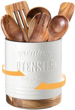 DOWAN 360° Rotating Extra Large Cooking Utensil Holder, 7.6" Kitchen Utensil Holder for Countertop, Utensil Crock for Farmhouse Kitchen Decor, Ceramic Stable Utensil Caddy, White Text by DOWAN