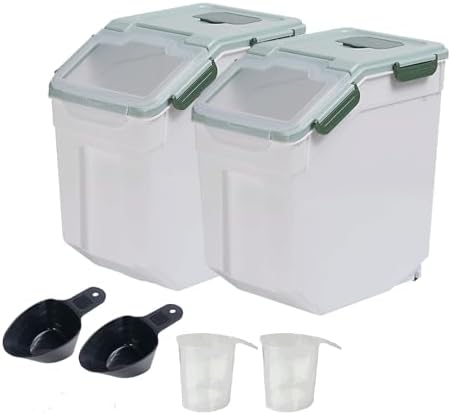Large Flour Storage Container Bin 25lb, 2Pack Airtight Rice Storage Containers with Wheels Seal Locking Lid, BPA Free with Measuring Cup&Scoop for Flour, Rice, Grain(Green) by Qiveno