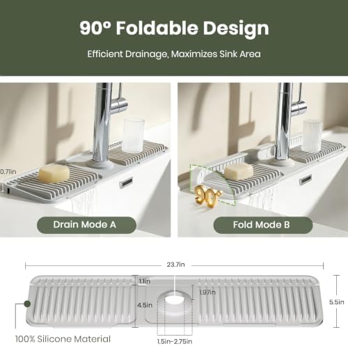 2PCS 24 Inch Faucet Mat for Kitchen Sink, Silicone Splash Guard for Kitchen Sink Area, 7° Slope Fast Self-Draining Sink Mat, Cuttable Hole Design, Sink Backsplash Guard Draining Mat, Light Grey - Image 5