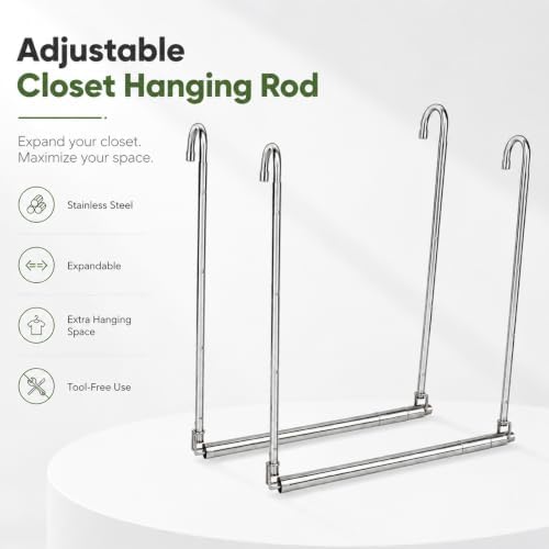 2 Pack Hanging Closet Rod Stainless Steel, Adjustable Width & Height 16–27.5 in Closet Rod Extender with 360° Rotating Hooks, Space-Saving Closet Hanging Organizer for Clothes, Pants, Skirts, Towels - Image 2