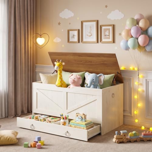 HOOBRO Storage Chest, 39.3" Toy Chest with Drawer, Wooden Storage Bench, Sturdy Entryway Bench Supports 330 lb, Safety Hinge, U-Shaped Opening, Easy Assembly, Cloud White and Walnut IH710CW01G2 - Image 2