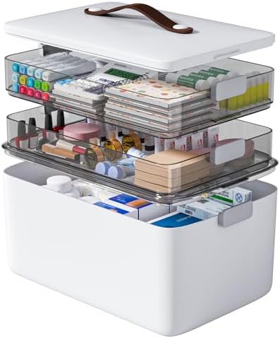 MOPUP 3-Tier Medicine Craft,Sewing,Art,Organizer Storage,Portable Latch Bin with Lid and Leather Handle,Pill Bottle, First Aid, A Household Essential by MOPUP