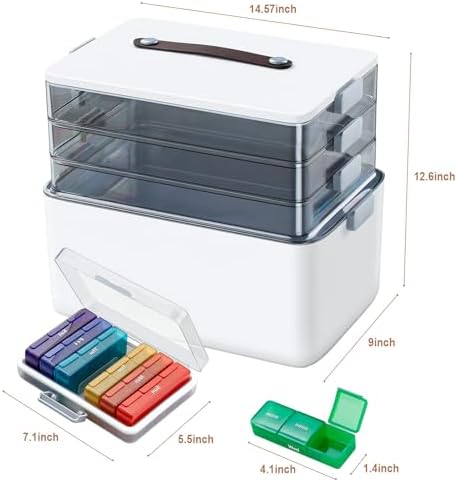 MOPUP 4-Tier Medicine Craft,Sewing,Art,Organizer Storage,Portable Latch Bin with Lid and Leather Handle,Pill Bottle, First Aid,Comes with a 7-Day Pill Organizer,A Household Essential - Image 3