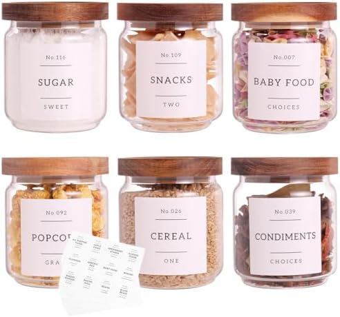 6 Set Glass Pantry Storage Jars with Acacia Airtight Lid - 15oz Thicken Glass Kitchen Canisters with 132 Pantry Labels - Clear Glass Food Storage Containers with Wood Lid for Tea,Sugar,Spice,herbs by CZZGSM