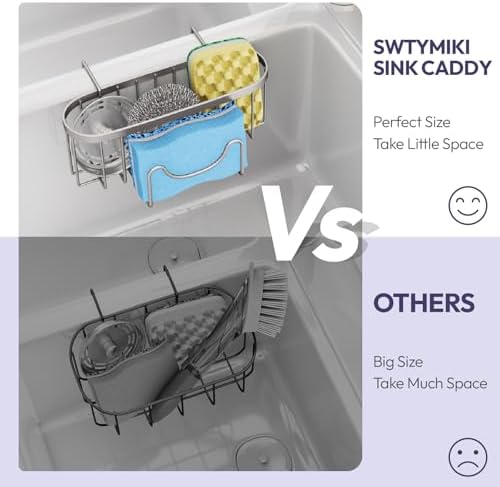 SWTYMIKI Sponge Holder for Kitchen Sink - Movable Kitchen Sink Caddy with M Hook Stainless Steel Hanging Sponges Caddy Organizer in Double Bowl Sinks Depth>3.15in, Middle Divider<1.5in, Sand Nickel L - Image 6