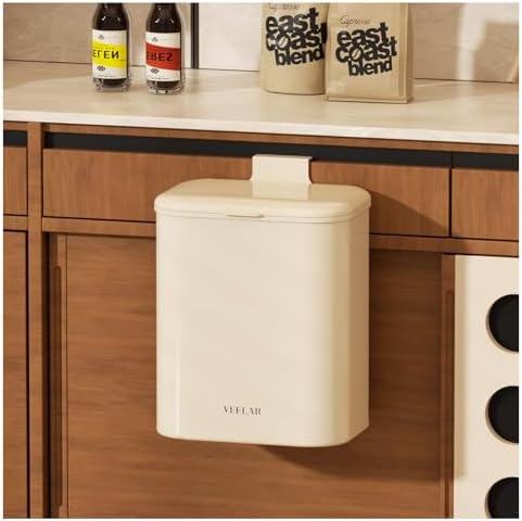 Space Saving Hanging Small Trash Can for Kitchen Cabinet, Bathroom or Office (White，2.1 Gallon (8L)) by VEELAR