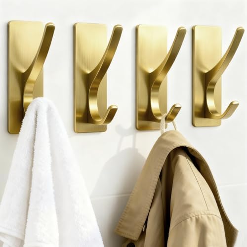 pickpiff Brush Gold Self-Adhesive Hook, 13LB Hanger for Coat/Towel, 4-Pack by pickpiff