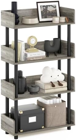Furinno TURN-N-TUBE 4-Tier Display Shelf, Storage Shelves, Book Shelf, Open Shelves with Rounded Corner Top Edges, for Organization and Storage, Living Room, Home Office, French Oak by Furinno-FitsYourSpaceFitsYourBudget