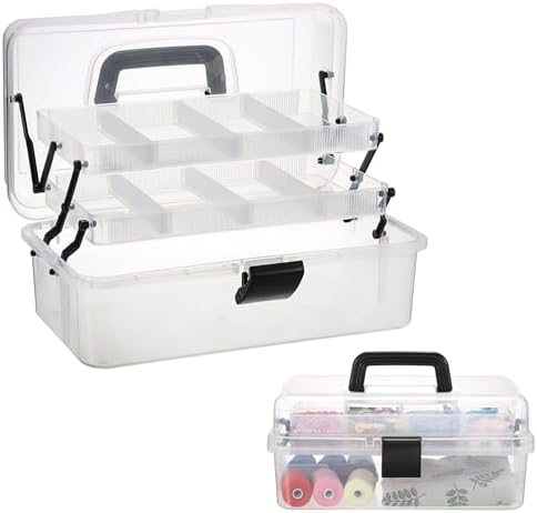 BTSKY 3-Layer Clear Plastic Dividing Storage Box Craft Organizer and Storage with Adjustable Spacers Portable Handled Art Supply Organizer Multipurpose Home Utility Box Sewing Organizers(Clear+Black) by BTSKY