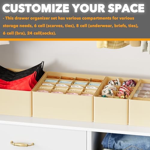 SpaceAid Underwear Drawer Organizer, 4 Pack Dresser Organizer Bins for Nursery, Closet Organization and Storage with Dividers for Baby Clothes Socks Bra Ties Scarf (Beige) - Image 6