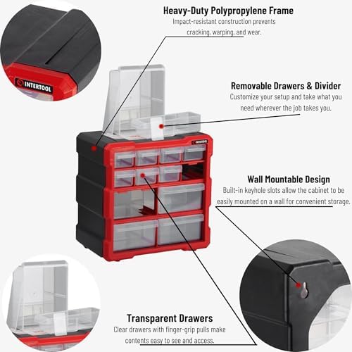 INTERTOOL Small Parts Organizer - 12 Removeable Bin Drawers - Tool Box for Storing Hardware and Garage Organization - For Screws, Bolts, Legos, Arts and Crafts - 10” x 10” x 6” - BX08-4024 - Image 4