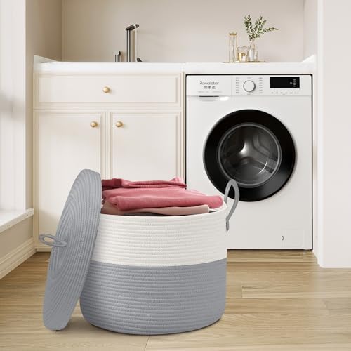 18" X 14" Large Wicker Basket with Lid, Blanket Basket Living Room, Woven Cotton Rope Storage Bin, Kids Dog Toy Storage Bin Box, Tall Laundry Hamper, Blankets Pillows Organizer Holder - Image 4
