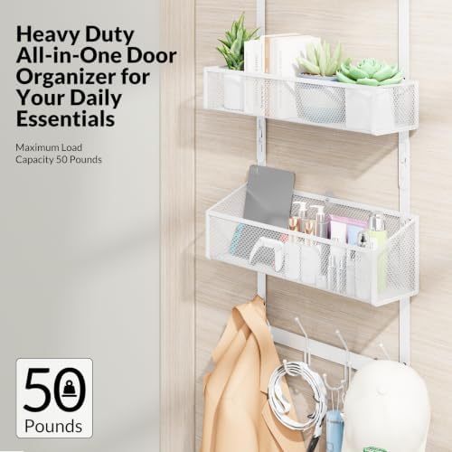 BAKON Over-the-Door Storage Organizer, Heavy-Duty Behind Door Rack with 2 Mesh Baskets & 4 Hooks for Towels Coats Keys, Space Saving for Bathroom Bedroom Kitchen Office, White - Image 5