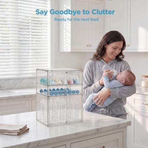 HBlife Baby Bottle Storage Organizer for Countertop Cabinet, 3 Tiers Adjustable Clear Acrylic Bottles Storage Station Case Box Container with 2 Removable Dividers and Magnetic Double Door, X-Large - Image 5