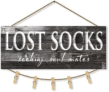 1 KINGO Laundry Lost Socks Rustic Sign Wall Decor for Washroom, Farmhouse Black Lost Socks Seeking Soul Mates Canvas Print Art, Rustic Plaque Bathroom Decoration 6" x 15" by 1KINGO
