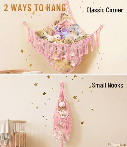 Lare Stuffed Animal Storage Hammock Corner Net - 45" W x 45" H (Light Pink) - Image 5
