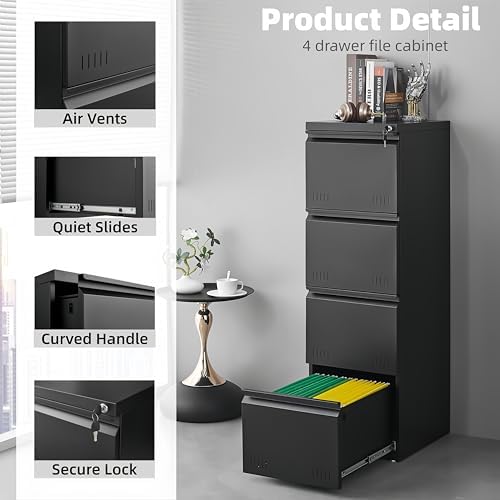 Approgreent Vertical 4 Drawer File Cabient with Lock, Metal Filing Cabinets for Home Office, Heavty Duty Office Storage Cabinet for A4/Letter/Legal (Matte Black) - Image 4