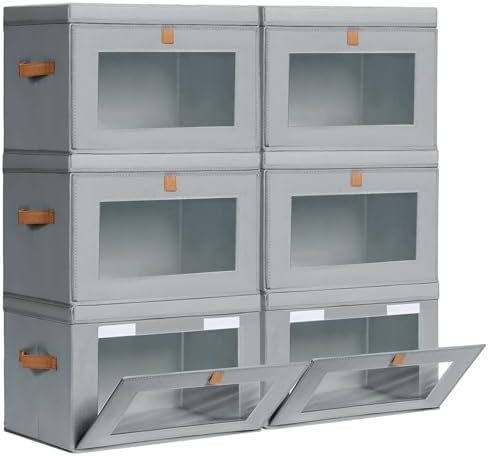 Homsorout Large Closet Storage Bins - Collapsible Storage Bins with Handles & Window, Fabric Cube Organizer with Lids, Decorative Boxes for Living Room, Closet, Dorm, 6 Pack, Grey by Homsorout