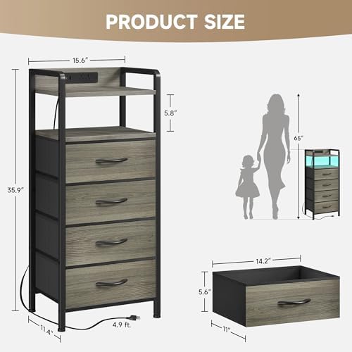 Lazzanto Nightstand with Rear Charging Station, LED Light, 4 Drawers, Grey - Image 3