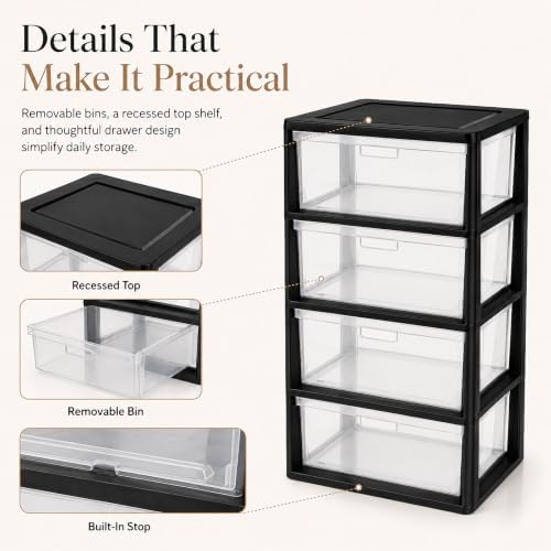 4 Drawer Storage Organizer, 4-Tier Wide Clear Plastic Drawer Storage(Black) - Image 6