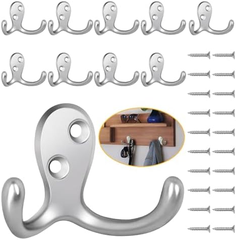 Homanu 10 Pack Silvery Coat Hooks Wall Mounted Double Prong with 20 Screws by Homanu