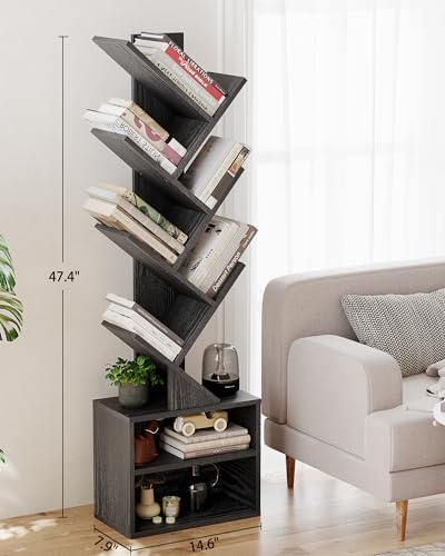SUNMORY 6 Tier Tree Bookshelf, Tall Small Bookcase with Storage Cabinet - Image 2
