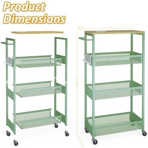 9.1" Wide Slim Rolling Utility Cart, 4 Tier Metal Narrow Storage Cart with Handle and Wood Top, Multifunctional Small Mobile Shelf Unit Organizer Trolley for Laundry, Bathroom, Kitchen - Image 7