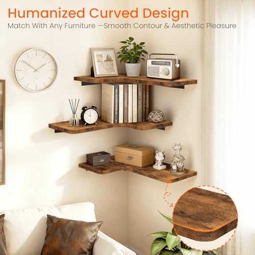 Homode Corner Floating Shelves, Corner Shelves Wall Mounted with Cord Hole, Set of 3 L Shape Wood Wall Storage Shelves for Living Room Bedroom Bathroom Kitchen, Rustic Brown - Image 3