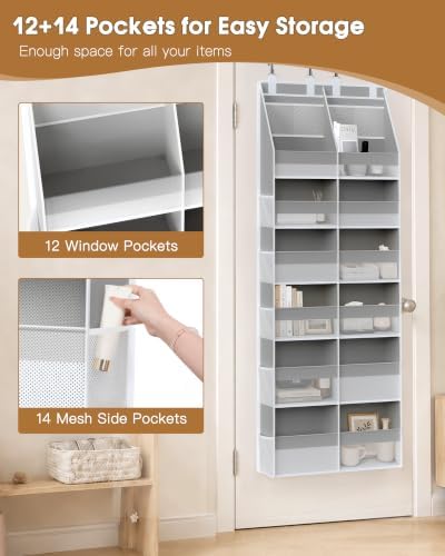Criusia Over the Door Organizer, Extra Large 12 Compartments Closet Hanging Storage with 14 Mesh Pockets, 85lbs Capacity Behind the Door Storage for Baby Nursery, Bathroom, Bedroom, and Dorm, Grey - Image 5