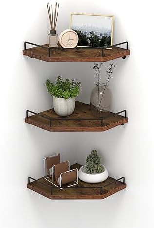 HORLIMER Set of 3 Floating Corner Shelf Wall Mount with Fence, Brown by HORLIMER