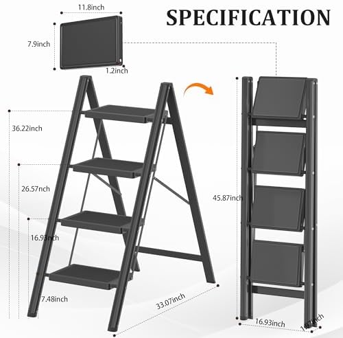 DIAMONDFORGE 4 Step Ladder, Folding Step Stool with Anti-Slip Wide Pedal, Anti-Slip Feet, Sturdiest Steel Construction, Steel Ladder for Home and Office, Black - Image 2