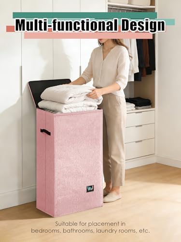 WTREE Laundry Hamper with Lid, Reinforced Sturdy Clothes Hamper with Anti-Puncture Base, Large Collapsible Laundry Basket with Removable Liner Bag, Tall Dirty Clothes Bin for Family, 100L Pink - Image 6