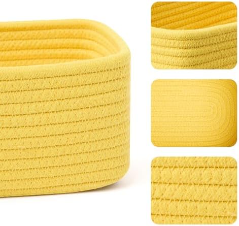 MiniArk Small Storage Baskets for Organizing | Closet Organizer Bins | Shelf Toy Basket | Woven Rope Baskets | Cube Decorative Box | Shallow Basket | 11.5x7.5x4.7” | 3 Packs Yellow - Image 2
