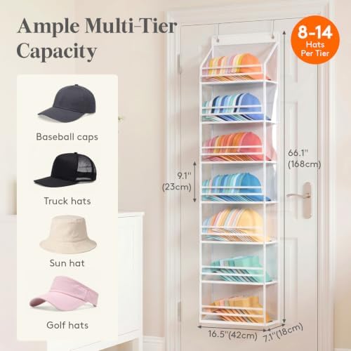 Lifewit 7 Tier Clear Over the Door Hat Rack, Baseball Caps Organizer, White - Image 3