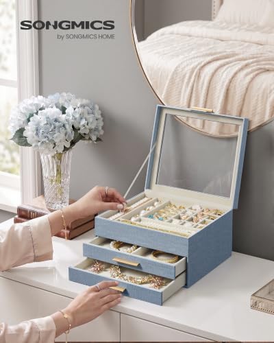 SONGMICS Jewelry Box with Glass Lid, 3-Layer, 2 Drawers - Image 2